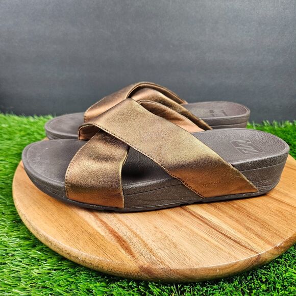 FitFlop Lulu Sandals Women's 9 Bronze Leather Comfort Cross Strap Slide Wedge - Picture 6 of 14